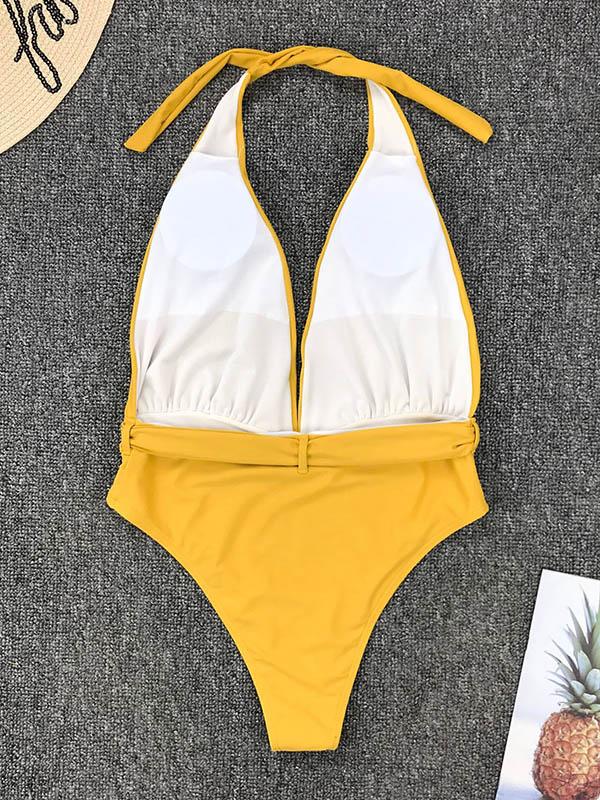 Sexy V-Neck Waist Buckle Backless One-Piece Swimwear