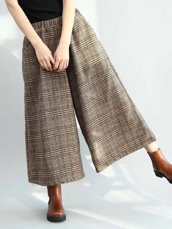 Loose Plaid Elastic waist  Wide leg Pants