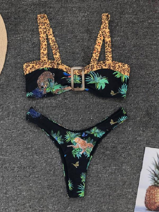 Sexy Leopard Print Square Buckle Spaghetti-Neck Bikini Swimwear