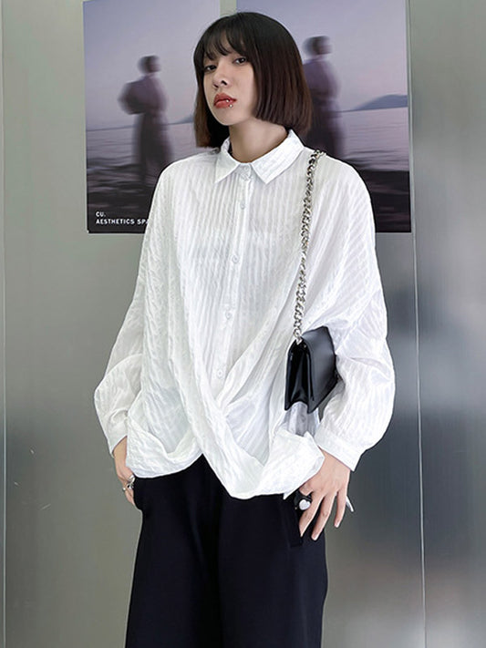 Casual Irregular Solid Color Buttoned Lapel Collar Long Sleeves Blouse