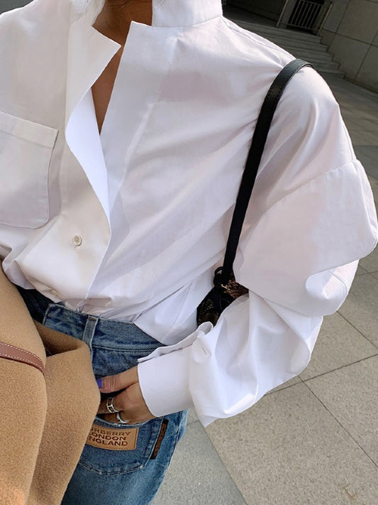 White Puff Sleeve Loose Stand Collar Shirt