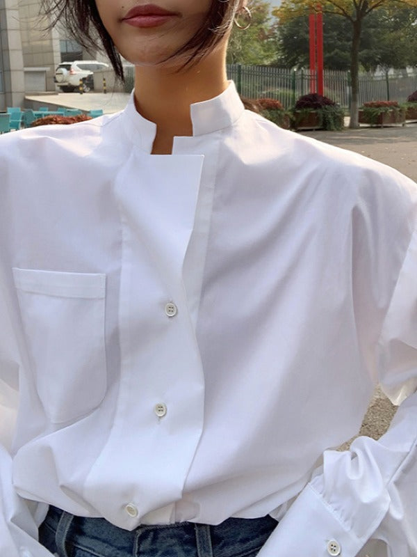 White Puff Sleeve Loose Stand Collar Shirt