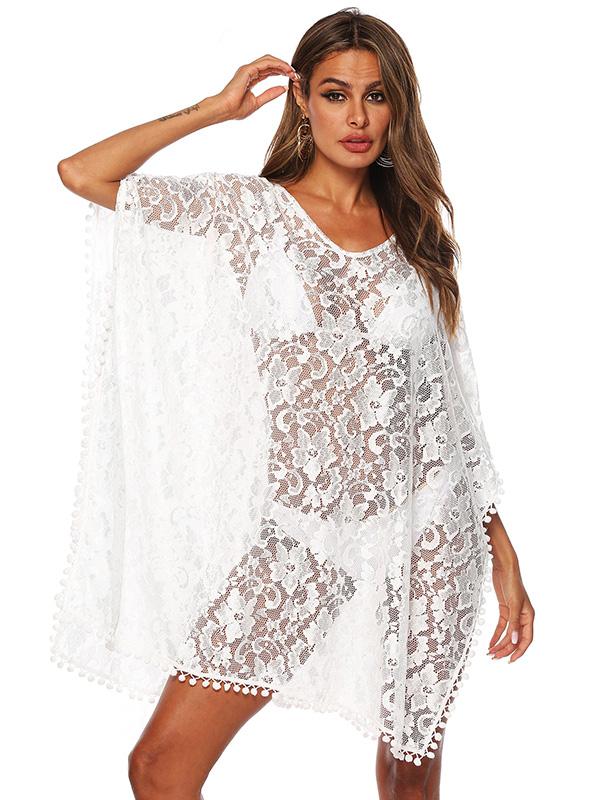 Sexy Solid White Loose Beach  Lace Cover-Up