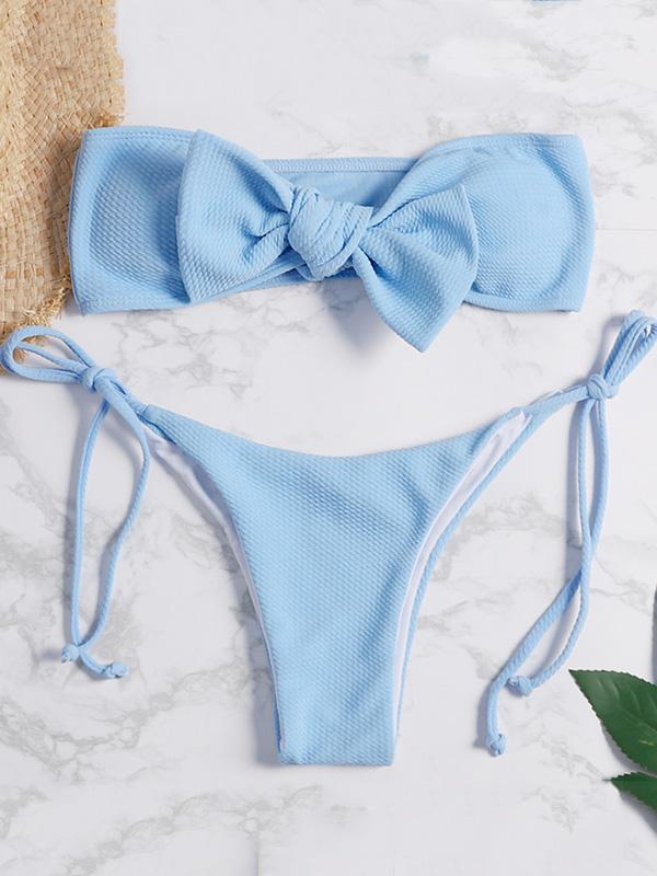 Bow Plain Textured Bikini Set