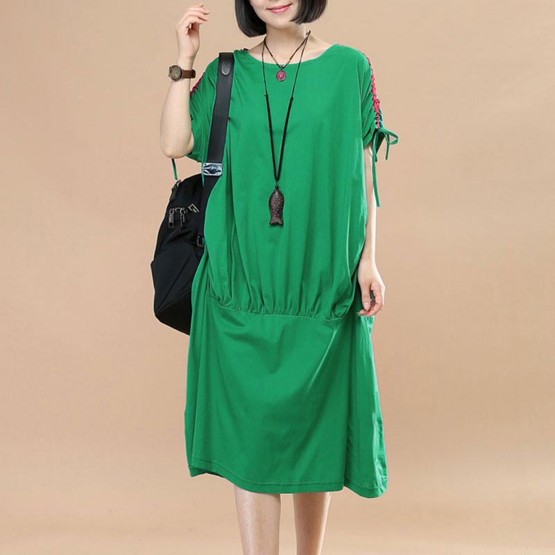 Splicing Women Loose Casual Summer String Folded Cotton Green Dress