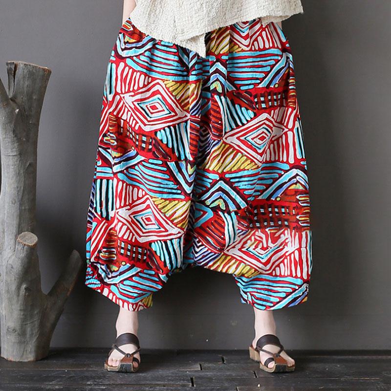 Summer Retro Printed Loose Low Crotch Cotton Pants