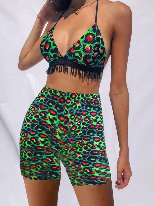 Leopard Printed Tasseled Strapless Suits