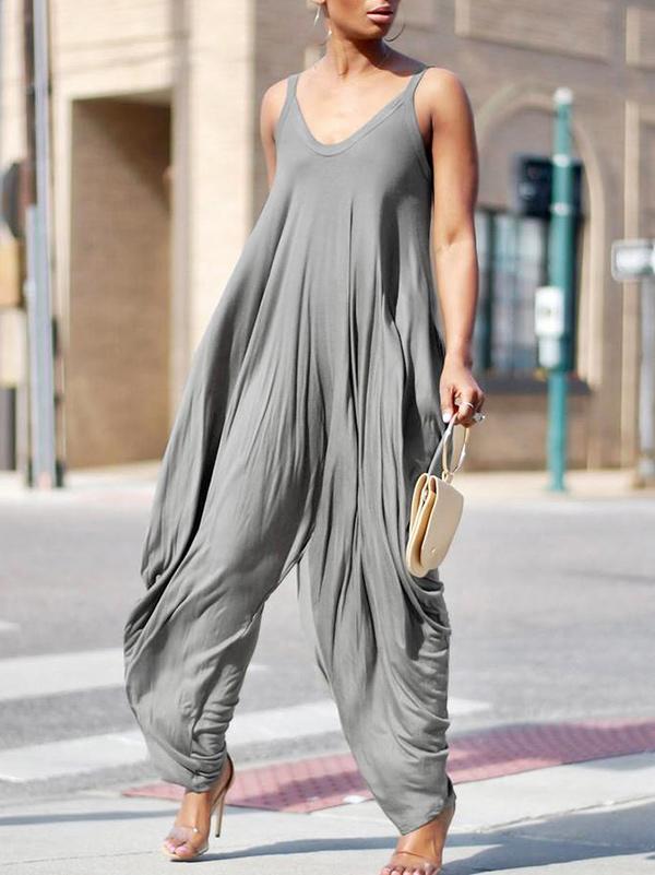 Loose Gray Sleeveless Ruffled Jumpsuits