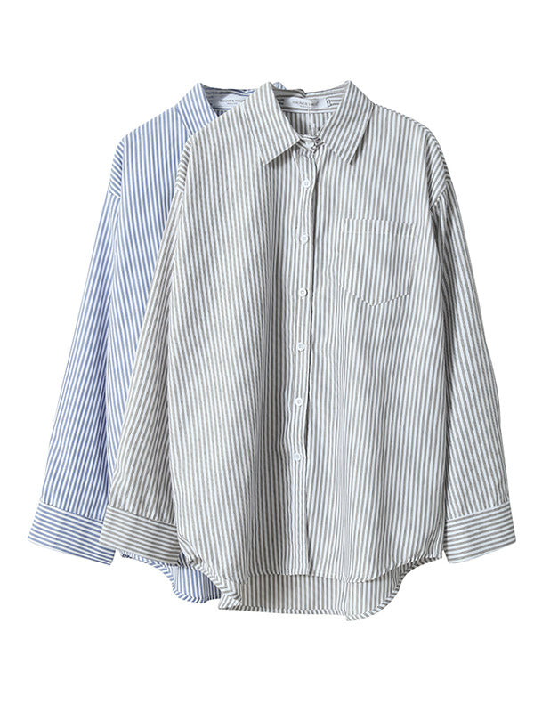 Simple Striped Buttoned Lapel High-Low Long Sleeves Blouse Tops