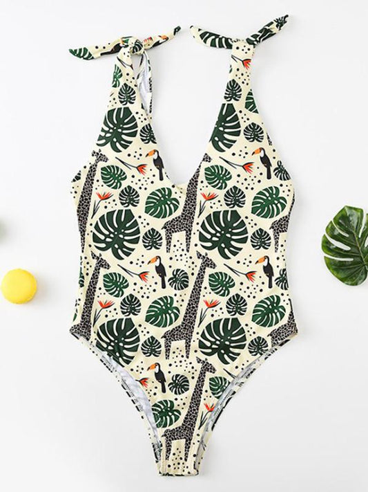 Deep V-Neck Shoulder Bandage Forest Print One-Piece Swimwear