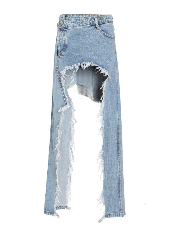 ORIGINAL IRREGULARITY FRINGED SPLIT-FRONT DENIM SKIRT