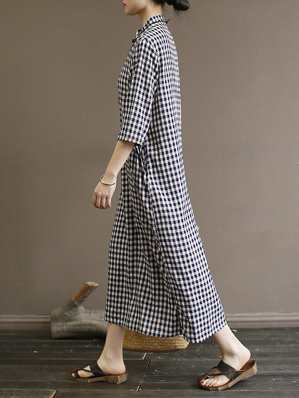 Original Plaid Half Sleeve Stand Collar Long Cheongsams