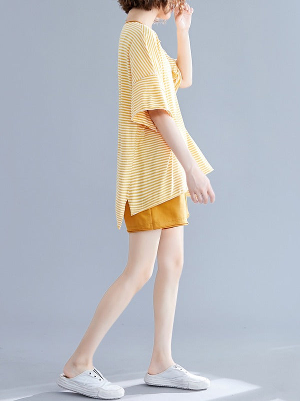 Two-Pieces Striped Short-Sleeved And Shorts Suit