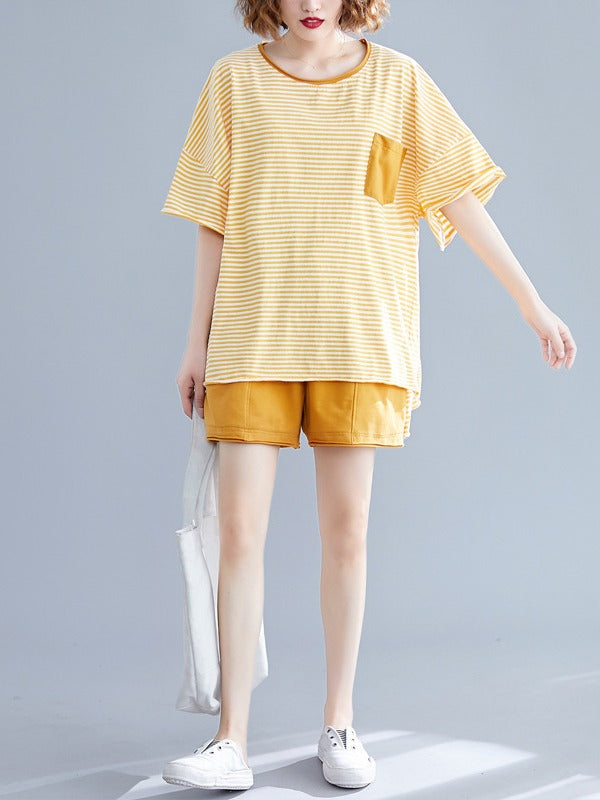 Two-Pieces Striped Short-Sleeved And Shorts Suit