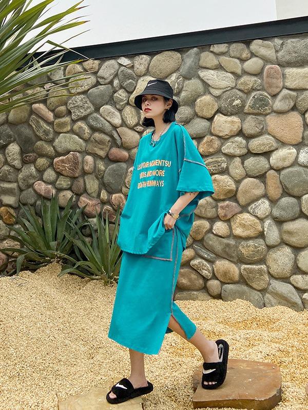 Letter Embroidered Large T-Shirt&Skirt Suits