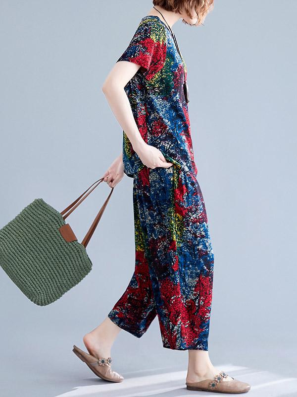 Loose Printed T-Shirt + Harem Pants Suit