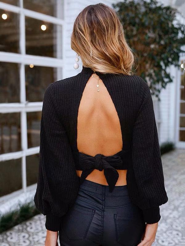 Hollow Backless Bowknot Puff Sleeves Sweater Tops