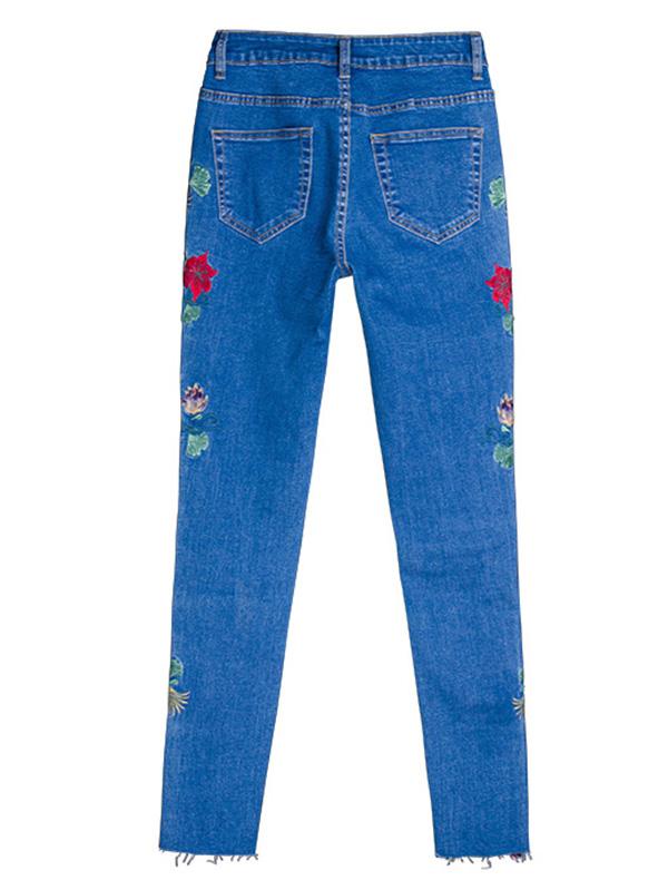 Embroidered Elastic Jeans Pants Bottoms