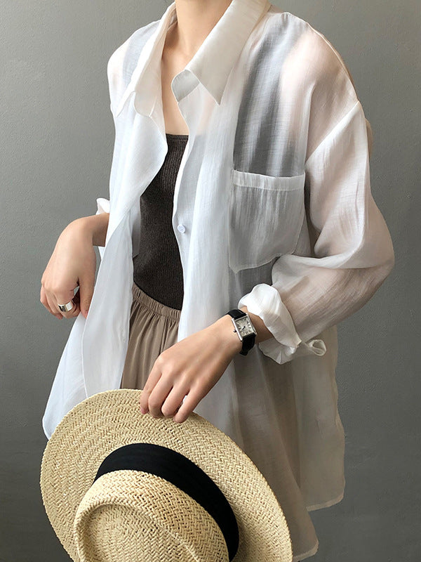 Simple Loose Long Sleeves Solid Color Thin Blouse