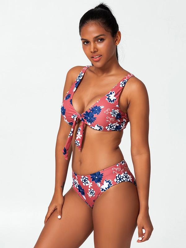 Sexy V-Neck Knotted Printing Split Bikini Swimsuit