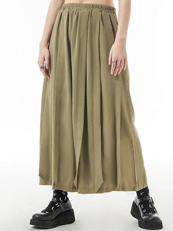 Casual Elasticity Waisted Solid Color Wide Leg Pleated Pants