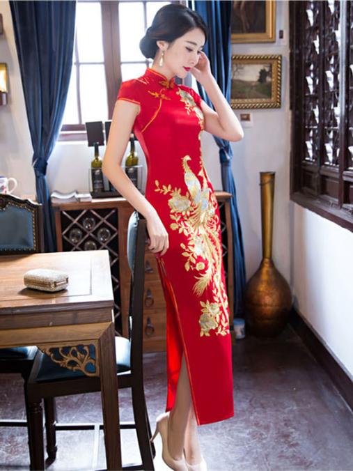 Red Embroidery Phoenix Long Cheongsam Dress