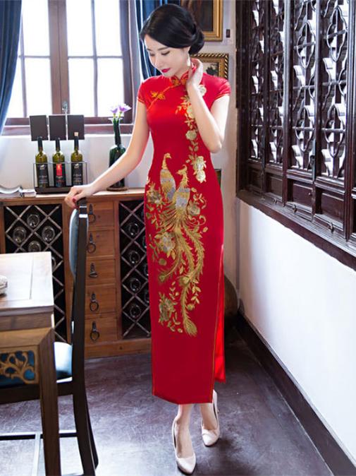 Red Embroidery Phoenix Long Cheongsam Dress