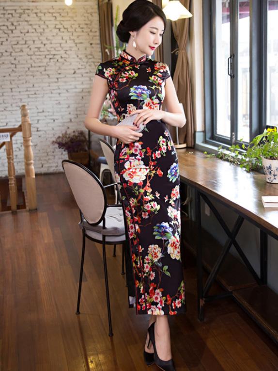 Black Floral Long Cheongsam Dress