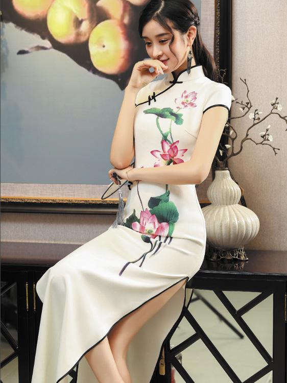 White Lotus Print Long Cheongsam