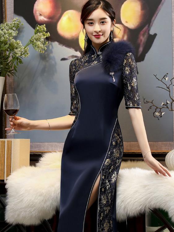 Spring Faux Fur Long Cheongsam Evening Dress