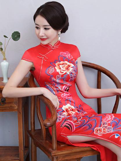 Red Floral Side Split Long Cheongsam