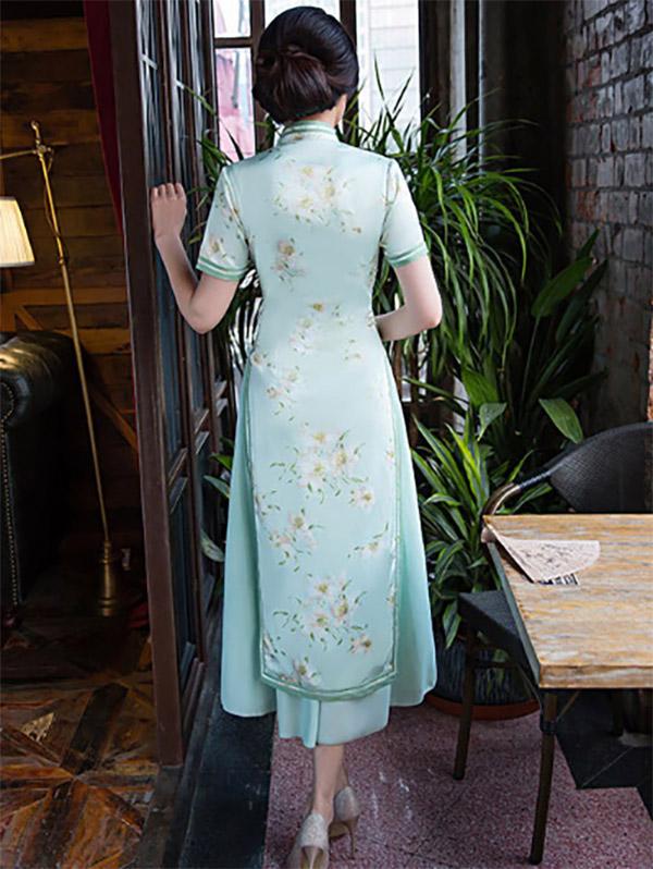 Light Green Two Pieces Ao Dai Long Cheongsam