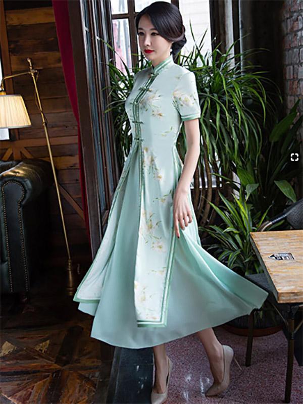 Light Green Two Pieces Ao Dai Long Cheongsam