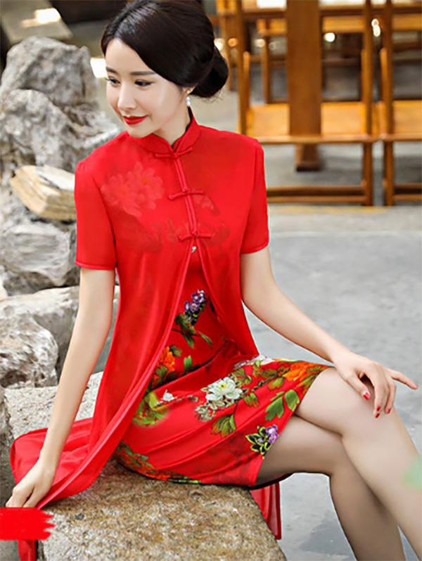 Fuschia&Red Two Pieces Ao Dai Short Cheongsam