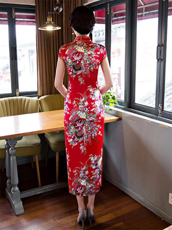 Blue&Red Floral Stand-collar Long Cheongsam