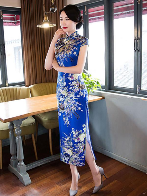 Blue&Red Floral Stand-collar Long Cheongsam