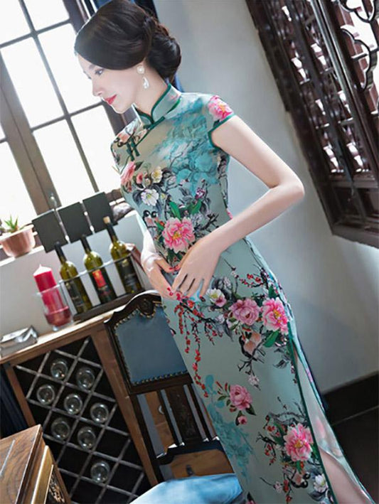 Green Peony-print Split-side Long Cheongsam