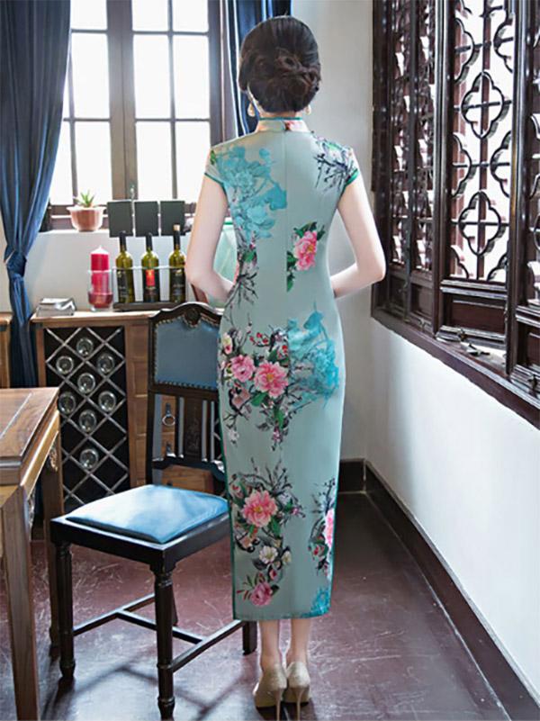 Green Peony-print Split-side Long Cheongsam