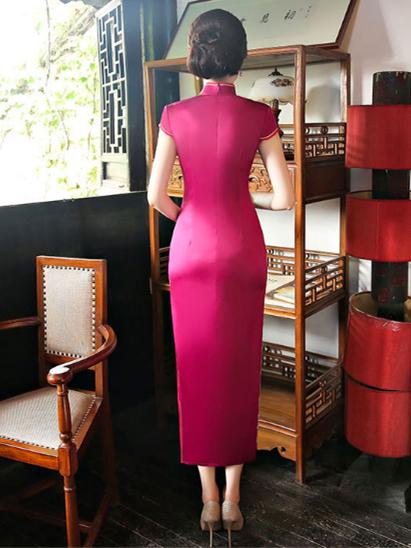 Burgundy Printed Stand-collar Long Cheongsam