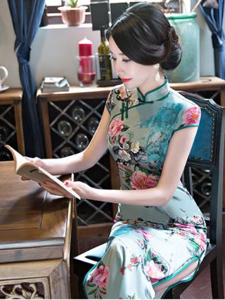 Green Peony-print Split-side Long Cheongsam