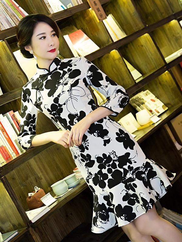 Flower Falbala Short Cheongsam Dress