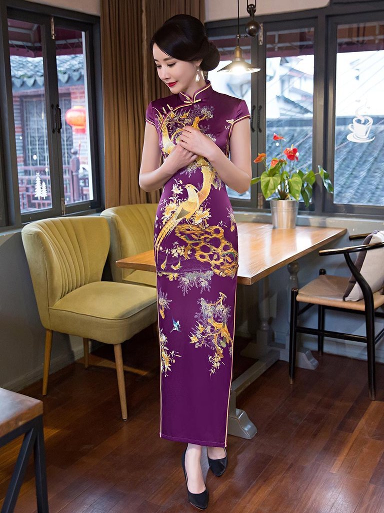 Purple Embroidery Side Split Long Cheongsam Dress