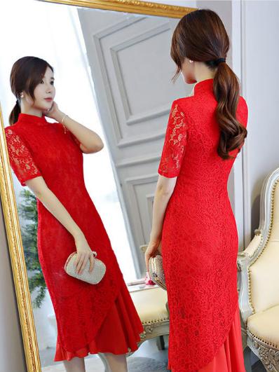 Red Lace Mermaid Stand-collar Long Cheongsam