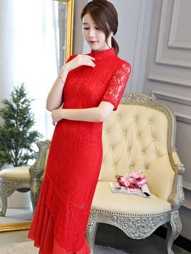 Red Lace Mermaid Stand-collar Long Cheongsam