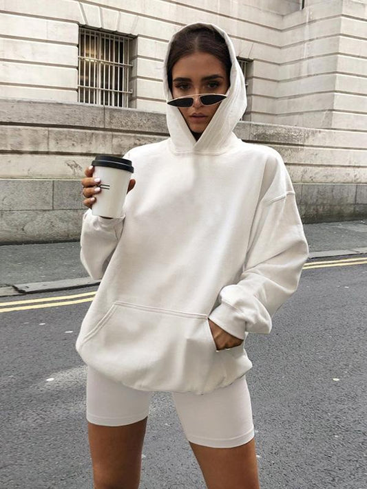 Casual Loose Solid Color Hooded Sweat Shirts&Shorts Suits