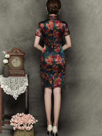 Elegant Flower Short Slim Cheongsam Dress