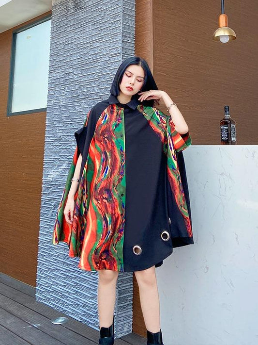 Plus Size Loose Print Cape Short Sleeve Shirt Dress