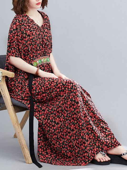 Plus Size Loose Print V-Neck Pleated Maxi Dress