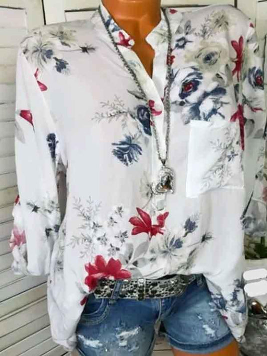 Fashion V-neck Floral Long Sleeves Blouses&shirts Tops