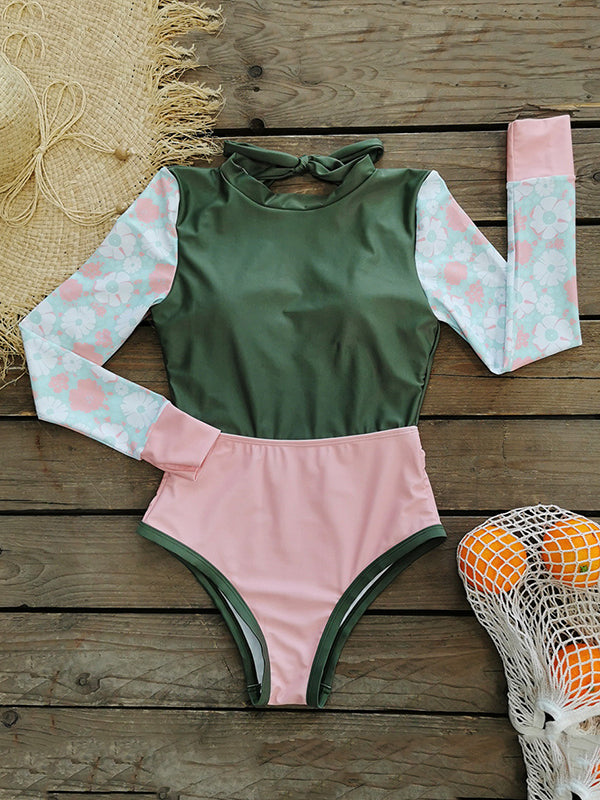 Floral Long Sleeve Split-Joint Contrast Color Backless One-Piece Wetsuit